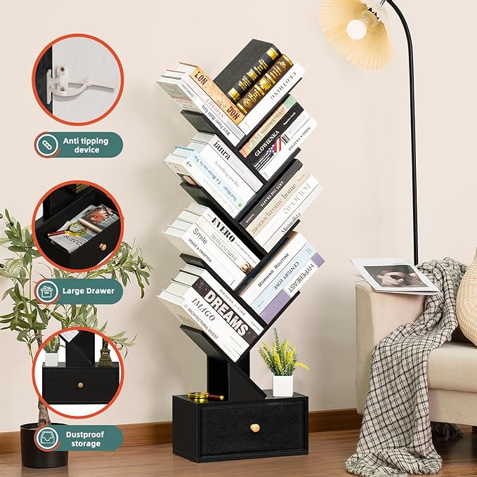 8 Tier Tree Bookshelf with Drawer, Free Standing Wood Bookcase for Living Room, Bedroom, Home Office, Space Saving Storage Organizer Bookshelves for Books, CDs, Vinyl Records- Black - LeafyLoom