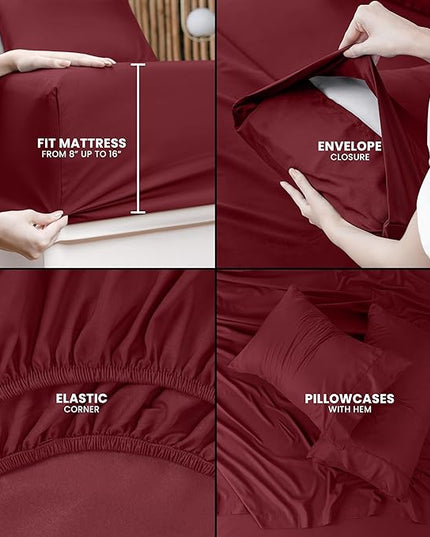 Utopia Bedding Queen Bed Sheets Set - 4 Piece Bedding - Brushed Microfiber - Shrinkage and Fade Resistant - Easy Care (Queen, Red Burgundy) - LeafyLoom