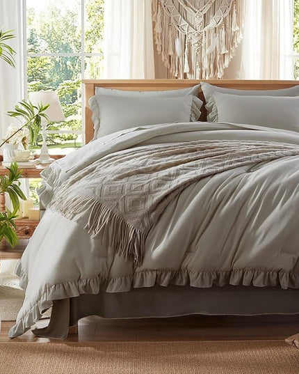 Anluoer King Comforter Set 7 Piece, Grey Bed in a Bag with Sheets, All Season Ruffle Shabby Chic Bedding Sets with 1 Comforter, 2 Pillow Shams, 2 Pillowcases, 1 Flat Sheet, 1 Fitted Sheet - LeafyLoom