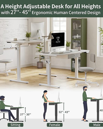 FEZIBO 63 x 24 Inches Standing Desk with Drawer, Adjustable Height Electric Stand up Desk with Storage, Sit Stand Home Office Desk, Ergonomic Computer Desk, White - LeafyLoom