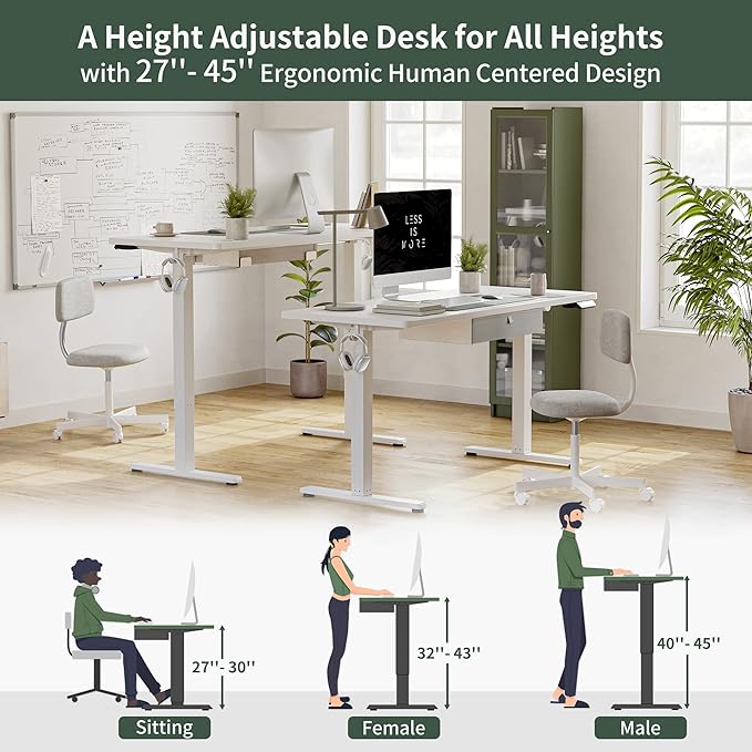 FEZIBO 48 x 24 Inches Standing Desk with Drawer, Adjustable Height Electric Stand up Desk with Storage, Sit Stand Home Office Desk, Ergonomic Computer Desk, White - LeafyLoom
