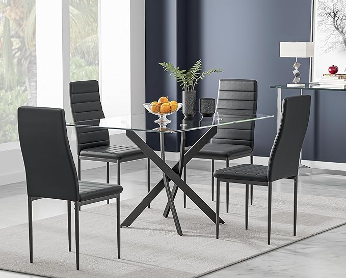 Tempered Glass Dining Table with Black Metal Legs, 47" Modern Rectangular Kitchen Table for Dining Room Kitchen,Black - LeafyLoom