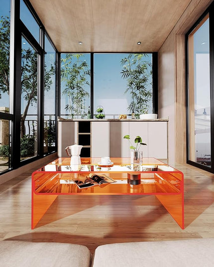 Acrylic Coffee Table for Living Room Clear Rectangle Lucite Table with Open Storage Shelf, Orange - LeafyLoom