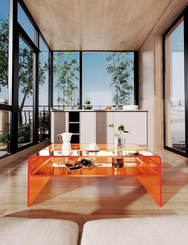 Acrylic Coffee Table for Living Room Clear Rectangle Lucite Table with Open Storage Shelf, Orange - LeafyLoom