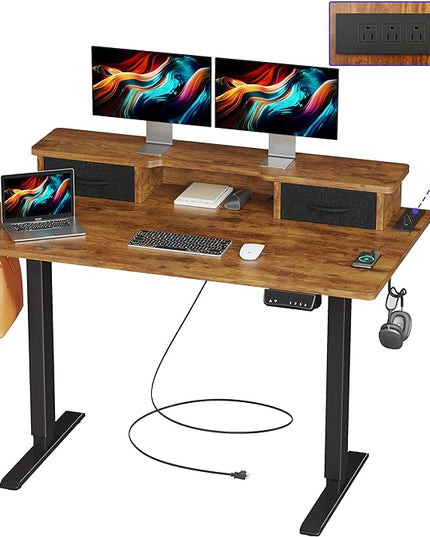 JOISCOPE 48 Inch Electric Standing Adjustable Height Desk with Double Drawer, Home Office Computer Gaming Desk with Storage Shelf and Power Outlets, Sit Stand Desk, Vintage Oak - LeafyLoom