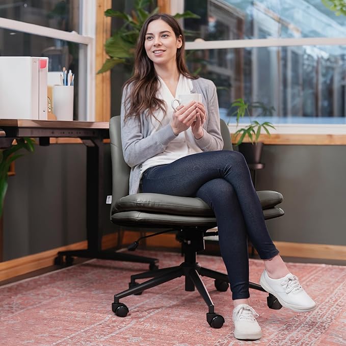Criss Cross Chair with Wheels - Cross Legged Office Chair, Wide Armless Desk Chair Comfy Swivel Vanity Chair for Home Office, PU Leather - Grey - LeafyLoom