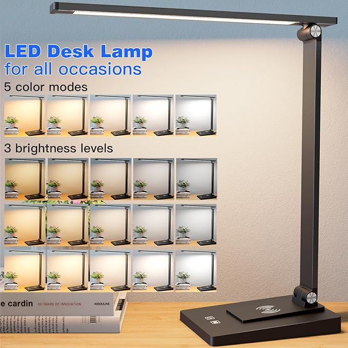 Desk Lamp with Wireless Charger USB Charging Port,LED Desk Lamps for Home Office,Small Table Lamp Study Desk Light,15 Lighting Modes,Morden Desk Lamp for College Dorm Room Essentials(Adapter Included) - LeafyLoom