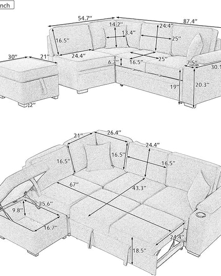 87.4" L Shape Sleeper Sectional Sofa w/Pull Out Bed & Storage Ottoman, Velvet Upholstered Couch, for Living Room, Bedroom and Small Apartment, 87.4 Inch, Knox Charcoal - LeafyLoom