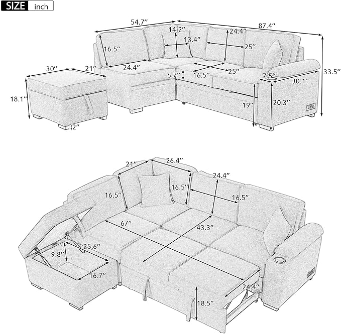 87.4" L Shape Sleeper Sectional Sofa w/Pull Out Bed & Storage Ottoman, Velvet Upholstered Couch, for Living Room, Bedroom and Small Apartment, 87.4 Inch, Knox Charcoal - LeafyLoom