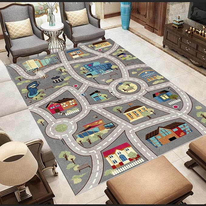 Analog ABC Kids Rug Playroom Car Rug Play Mat City Life Road Rug for Cars Fun City Map for Carpet for Bedroom Boys (31 * 47 inches, Night Township) - LeafyLoom