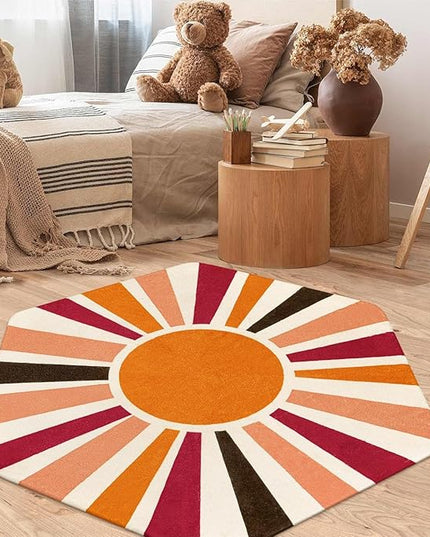 Washable Rainbow Rug for Kids Room Playroom, 4'x 4'7" Boho Sun Kids Rug for Girls Boys, Non-Slip Orange Carpet Small Play Rug for Tent Reading Corner Dorm Entryway - LeafyLoom