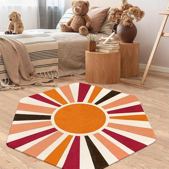 Washable Rainbow Rug for Kids Room Playroom, 4'x 4'7" Boho Sun Kids Rug for Girls Boys, Non-Slip Orange Carpet Small Play Rug for Tent Reading Corner Dorm Entryway - LeafyLoom
