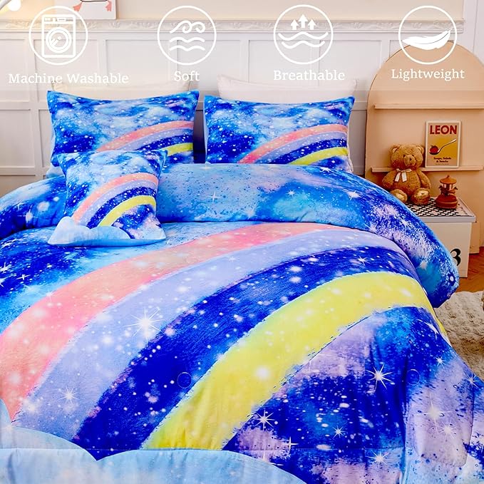 6Pcs Rainbow Girls Comforter Sets Full Size Blue Tie Dye Bed in A Bag for Kids/Teens Sparkle Galaxy Bedding Comforter Set Soft Lightweight Girls Bedding Sets for All Season - LeafyLoom