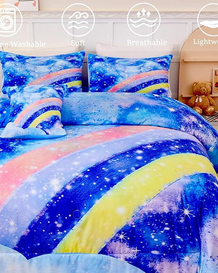 6Pcs Rainbow Bluey Girls Comforter Set Twin Gradient Glitter Bedding Sets Tie Dye Blue Girl Bed Set Soft Galaxy Kids Bed in A Bag with Sheets for All Season - LeafyLoom