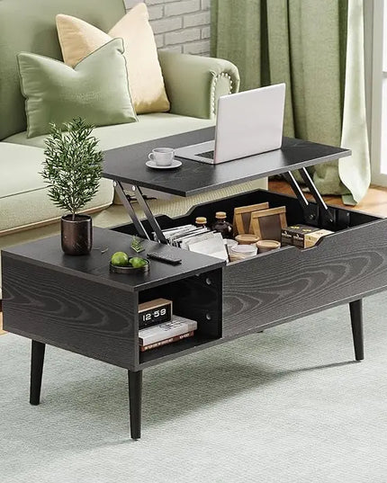 OLIXIS Modern Lift Top Coffee Table Wooden Furniture with Storage Shelf and Hidden Compartment for Living Room Office, Black - LeafyLoom