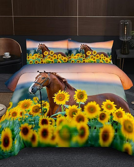NINENINE Horse Comforter Bedding Set Twin for Boys Teens,Horse Walking Among Sunflowers Pattern Printed Bedding Set,Sunflower Comforter Set,Soft Microfiber Quilt Set with Matching Pillowcase#5002 - LeafyLoom