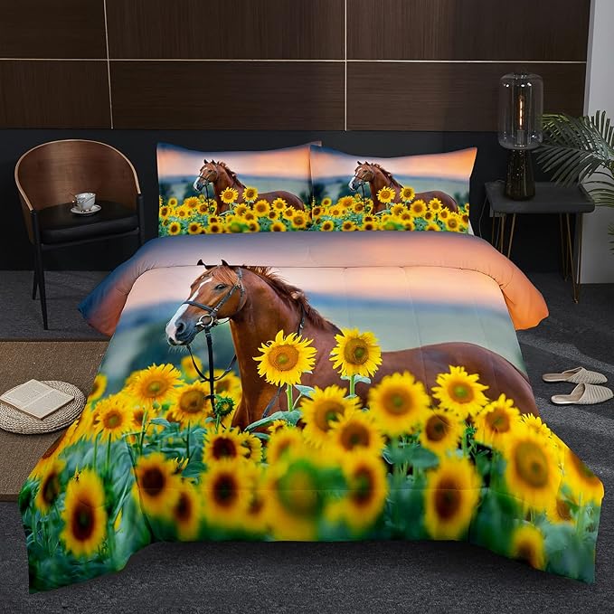 NINENINE Horse Comforter Bedding Set Full for Boys Teens,Horse Walking Among Sunflowers Pattern Printed Bedding Set,Sunflower Comforter Set,Soft Microfiber Quilt Set with Matching Pillowcase#5002 - LeafyLoom