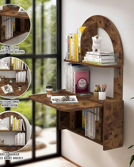 Wall Mounted Drop-Leaf Table, Floating Laptop Desk, Folding Table with Shelves, Multifunctional Computer Workstation Storage Compartments in Home Office for Space Saving (Rustic Brown) - LeafyLoom