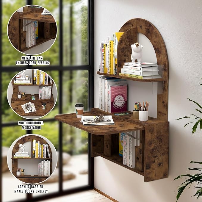 Wall Mounted Drop-Leaf Table, Floating Laptop Desk, Folding Table with Shelves, Multifunctional Computer Workstation Storage Compartments in Home Office for Space Saving (Rustic Brown) - LeafyLoom