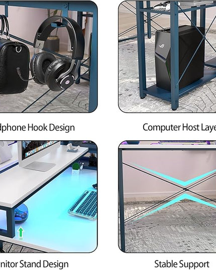 39.4'' Gaming Desk with LED and Storage Shelves, 39 Computer Desk with Long Monitor Stand, Small Desk for Small Space, Simple Study Student Writing Desk, Laptop Table for Home Office, White - LeafyLoom