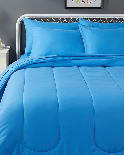 Amazon Basics 7 Piece Microfiber Kid's Bed-in-a-Bag Bedding Set, Full/Queen, Blue, Solid - LeafyLoom