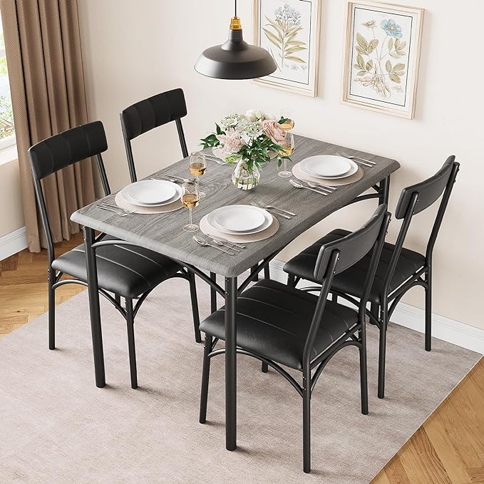 IDEALHOUSE Kitchen Table and Chairs for 4, Dining Table Set for 4 with Upholstered Chairs, 5 Piece Rectangular Kitchen Table Set, Dining Room Table Set for Small Space, Apartment, Rustic Grey - LeafyLoom