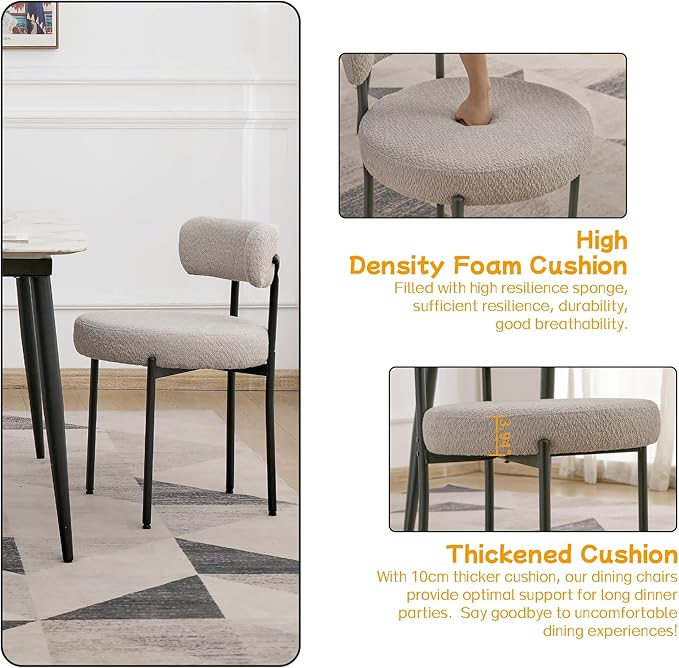 EDWELL Grey Dining Chairs Set of 6, Mid Century Modern Dining Room Chairs with 3.94” Cushions, Round Upholstered Boucle Chairs with Black Metal Legs for Kitchen, Living Room - LeafyLoom