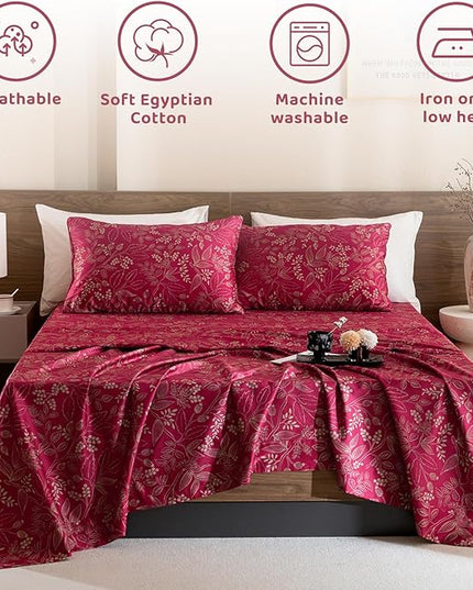 QSH Floral King Size Sheet Sets - 100% Egyptian Cotton Floral Bedding Sheets Red Flower Pattern Botanical Printed Bedding King Size Bed Sheets 17.5" Extra Deep Pocket 4pcs - LeafyLoom