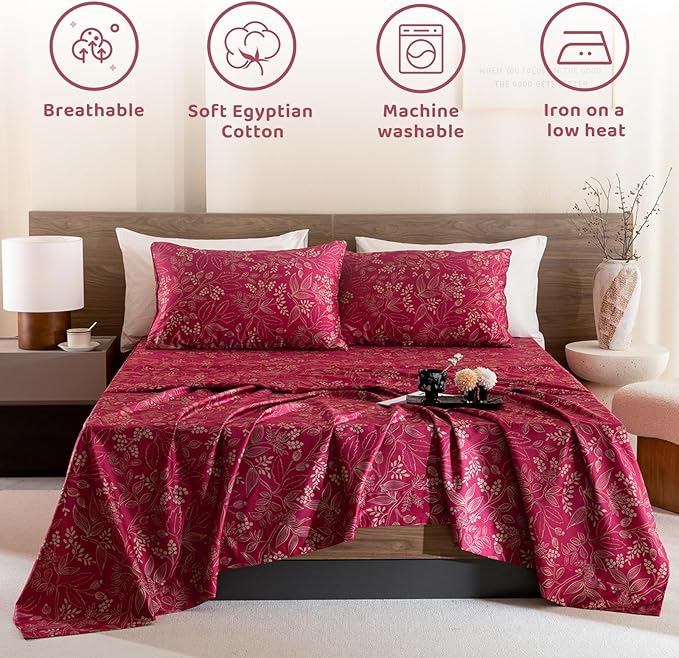 QSH Floral Queen Size Sheet Sets - 100% Egyptian Cotton Sheets Elegant Red Flower Pattern Botanical Printed Bedding Sheets Queen Size Bed Extra Soft and Breathable 4pcs Deep Pockets Bed Sheets - LeafyLoom
