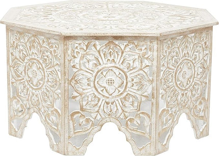 Deco 79 Wood Floral Handmade Living Room Coffee Table Intricately Carved Table with Arched Cutouts and Brown Distressing, Center Table 33" x 33" x 18", Cream - LeafyLoom