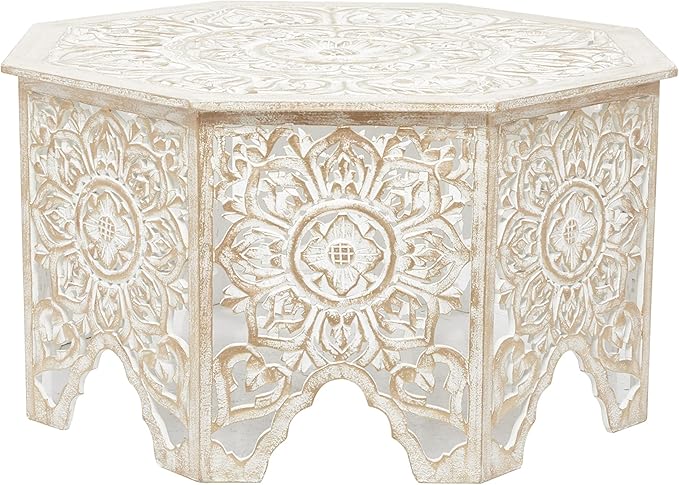 Deco 79 Wood Floral Handmade Living Room Coffee Table Intricately Carved Table with Arched Cutouts and Brown Distressing, Center Table 33" x 33" x 18", Cream - LeafyLoom