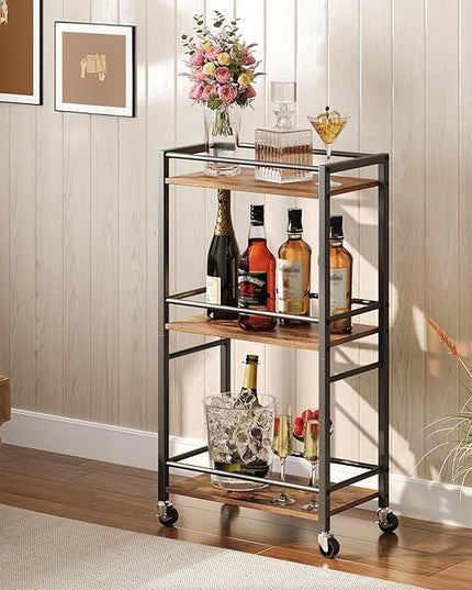 Rolling Cart, Mobile Kitchen Cart on Wheels, Narrow Storage Cart for Small Space, Wooden Service Cart, for Bathroom, Laundry, Living Room, Rustic Brown RCHR4001 - LeafyLoom