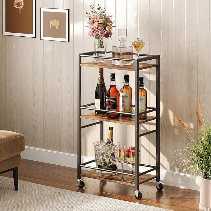 Rolling Cart, Mobile Kitchen Cart on Wheels, Narrow Storage Cart for Small Space, Wooden Service Cart, for Bathroom, Laundry, Living Room, Rustic Brown RCHR4001 - LeafyLoom