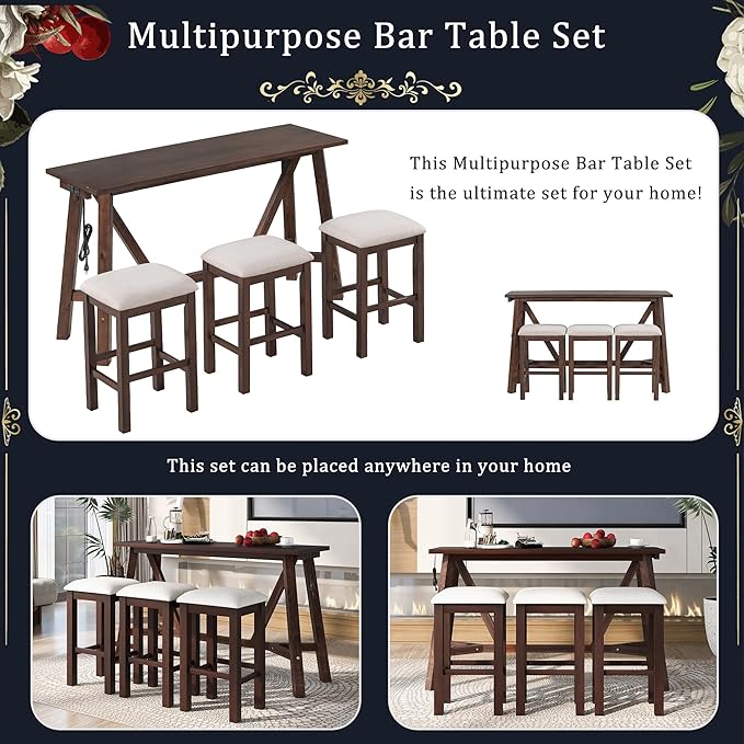 RITSU Multipurpose Set with 3 Upholstered Stools, Easy to Assemble, Table Weight Capacity 350 LBS, for Living, Guest Room, Home Bar, Kitchen, Dark Walnut, 3-Piece, Espresso - LeafyLoom