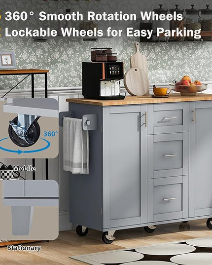 Mobile Island, Spice Tower, Rolling Kitchen Cart on Wheels w/Rubber Wood Top, 3 Drawer, 2 Slide-Out Shelf and Internal Storage Rack, Grey-Blue, 50 Inch - LeafyLoom