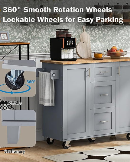 Kitchen Island with Storage, Spice Rack & Tower Rack, Mobile Rolling Kitchen-Cart on Wheels w/Rubber Wood Top, 3 Drawer, 2 Slide-Out Shelf and Internal Storage Rack - LeafyLoom