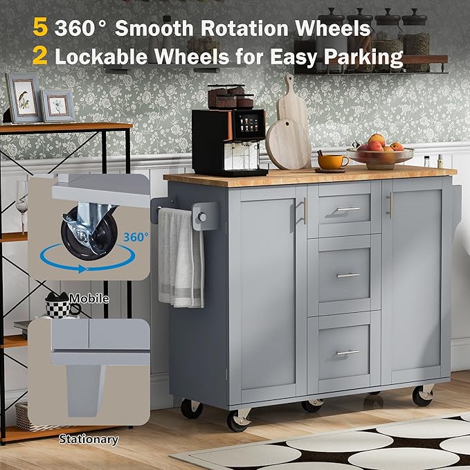 Kitchen Island with Storage, Spice Rack & Tower Rack, Mobile Rolling Kitchen-Cart on Wheels w/Rubber Wood Top, 3 Drawer, 2 Slide-Out Shelf and Internal Storage Rack - LeafyLoom
