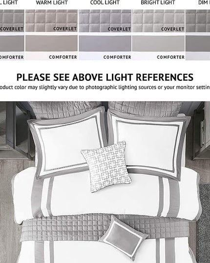 Madison Park Heritage Comforter Quilt Combo Set - Modern Luxury Design, All Season Down Alternative Bedding, Matching Shams, Decorative Pillows, King/Cal King(104"x92"), Color Block Grey 8 Piece - LeafyLoom
