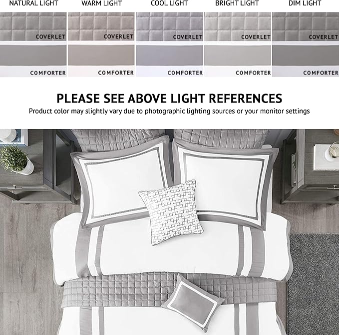 Madison Park Heritage Comforter Quilt Combo Set - Modern Luxury Design, All Season Down Alternative Bedding, Matching Shams, Decorative Pillows, Full/Queen(90"x90"), Color Block Grey 8 Piece - LeafyLoom