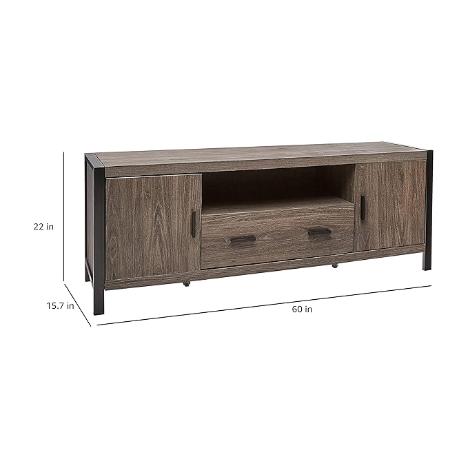 ROCKPOINT Industrial Modern Universal Stand with Doors and Open Shelves Entertainment Center, 60 Inch, Charcoal Grey - LeafyLoom