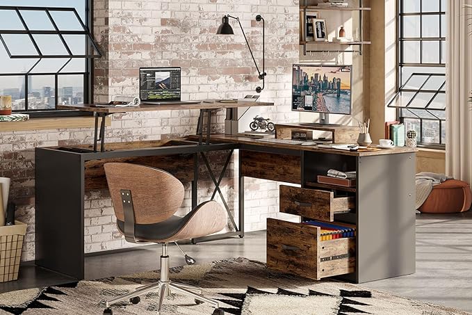 Bestier Lift Top L Shaped Desk with File Drawer, 55'' x 55'' Office Desk with Reversible Storage Drawers, L Shaped Standing Desk with Computer Monitor Stand - LeafyLoom