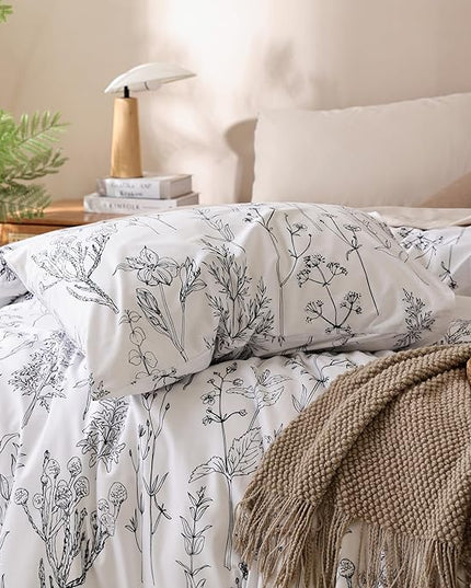 JANZAA White Twin Comforter Set 2 PCS(1 Comforter&1 Pillowcase) Plant Floral Printed Comforter Set-Soft Microfiber Twin Comforter for All Season - LeafyLoom