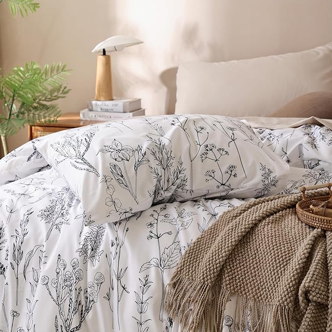 JANZAA White Twin Comforter Set 2 PCS(1 Comforter&1 Pillowcase) Plant Floral Printed Comforter Set-Soft Microfiber Twin Comforter for All Season - LeafyLoom