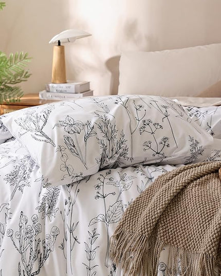 JANZAA 3pcs White Comforter Set King, Soft Floral Microfiber Bedding King Size Comforter Set with 2 Pillow Cases for All Seasons - LeafyLoom