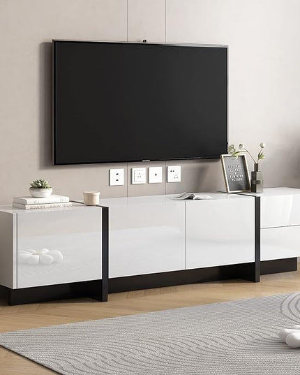 Merax Contemporary Rectangle Design TV Stand for Television Up to 80", Unique Style Console Table, Modern Storage Cabinet with High Gloss UV Surface for Living Room, 74.8" length, White - LeafyLoom