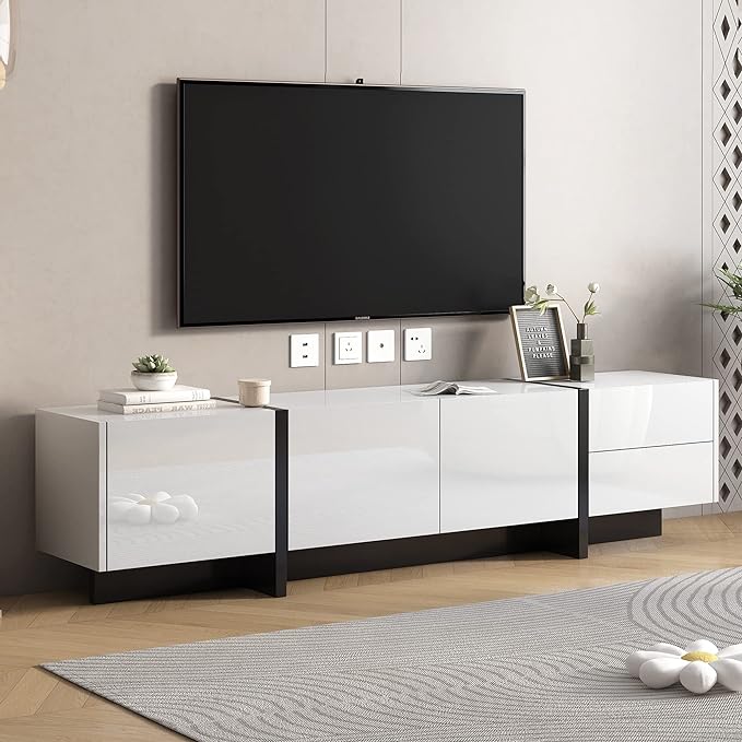 Merax Contemporary Rectangle Design TV Stand for Television Up to 80", Unique Style Console Table, Modern Storage Cabinet with High Gloss UV Surface for Living Room, 74.8" length, White - LeafyLoom