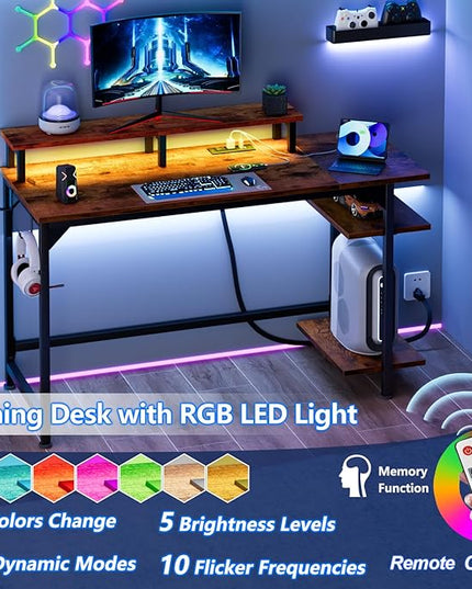 Furologee Desk with Power Outlets and LED Lights, 47" Computer Office Desk with Shelves and Fabric Drawer, Reversible Gaming Study Table with Monitor Stand and Hooks, Rustic Brown - LeafyLoom