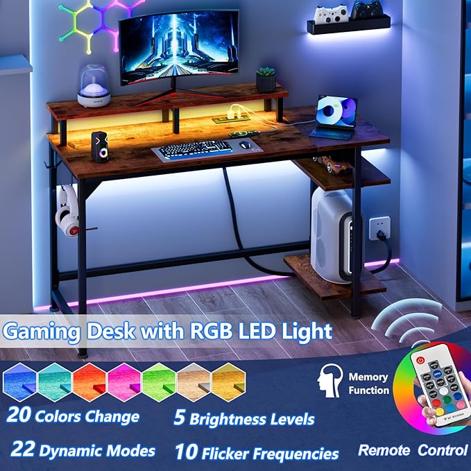 Furologee Desk with Power Outlets and LED Lights, 47" Computer Office Desk with Shelves and Fabric Drawer, Reversible Gaming Study Table with Monitor Stand and Hooks, Rustic Brown - LeafyLoom