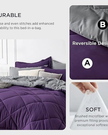 Bedsure Purple Twin XL Comforter Sets - 5 Pieces Reversible Twin XL Bedding Sets, Bed Sets Comforters, Sheets, Pillowcase & Sham, Grey XL Twin Bed in a Bag for College - LeafyLoom