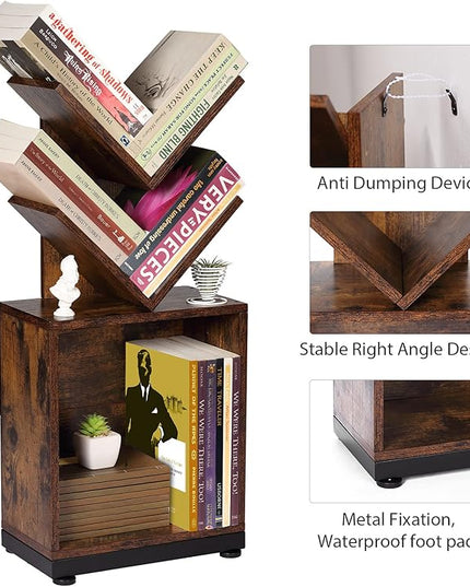 ruboka 2-Shelf Tree Bookshelf with Storage, 26.5-Inch Retro Floor Standing Bookcase Display for CDs/Magazine/Books, Small Bookshelf for Bedroom, Living Room, Office, Brown Storage Shelves - LeafyLoom